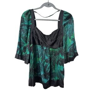 Y2K Bebe Silk Abstract Print Blouse Envious Green Square Neck Side Zip XXS